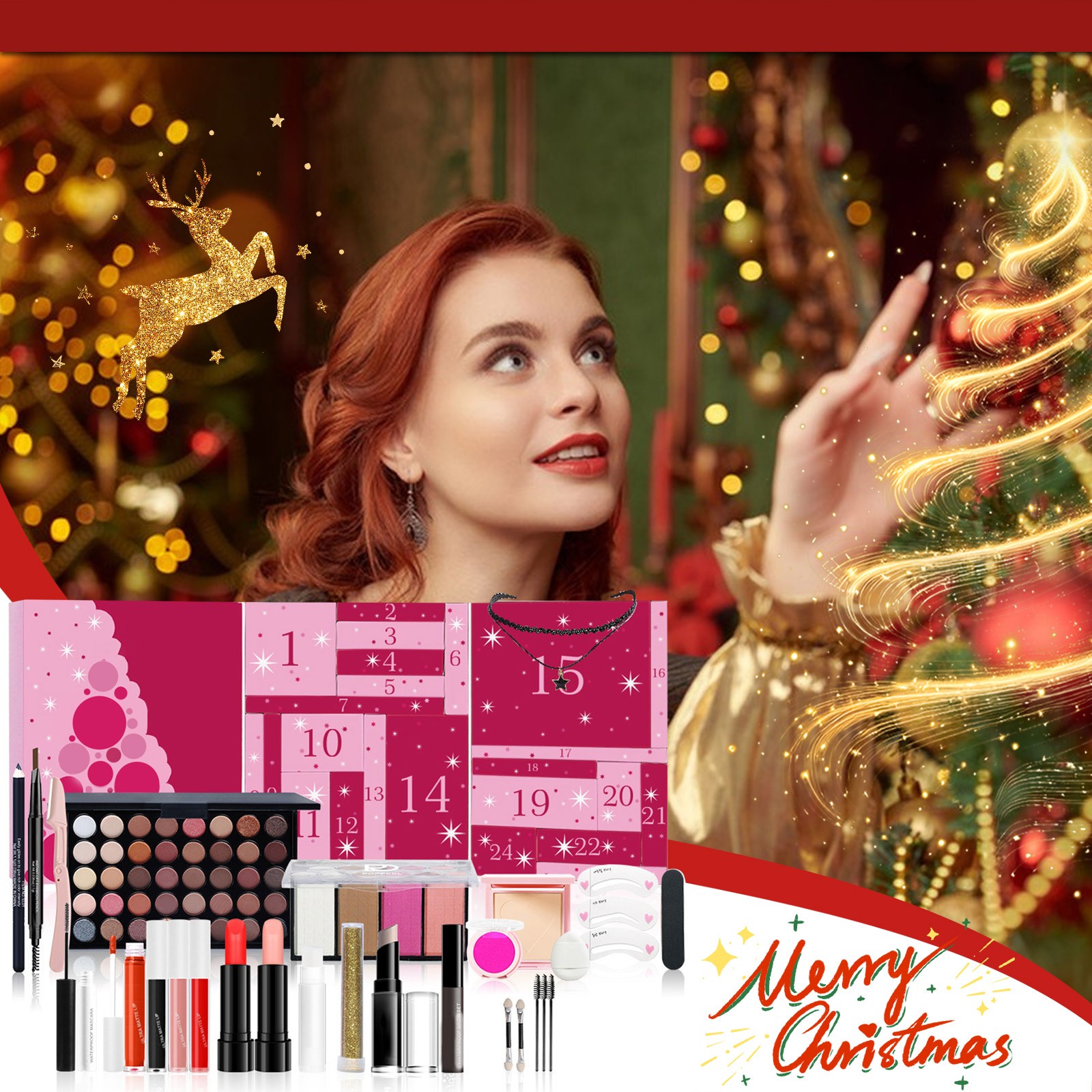 Beauty Makeup School - 女の子用メイクアップカレンダー,サプライズブラインドボックス,スキンケア製品ギフト,クリスマスカウントダウン,美容ケアセット,24個