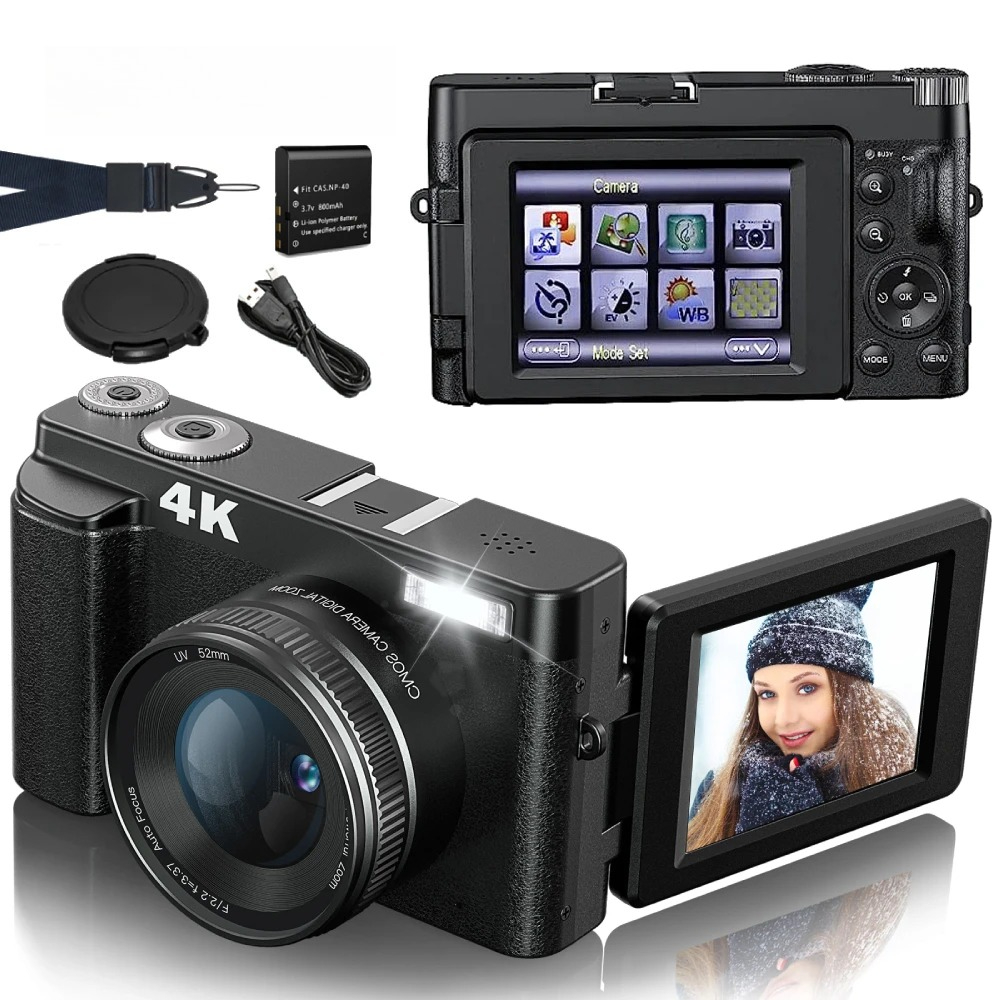 Beauty Makeup News - 4K 48MP コンパクトVlogカメラ、オートフォーカス手ぶれ補正、3インチ180度回転ディスプレイ ° フラッシュ付きフリップスクリーン、写真撮影とビデオ用