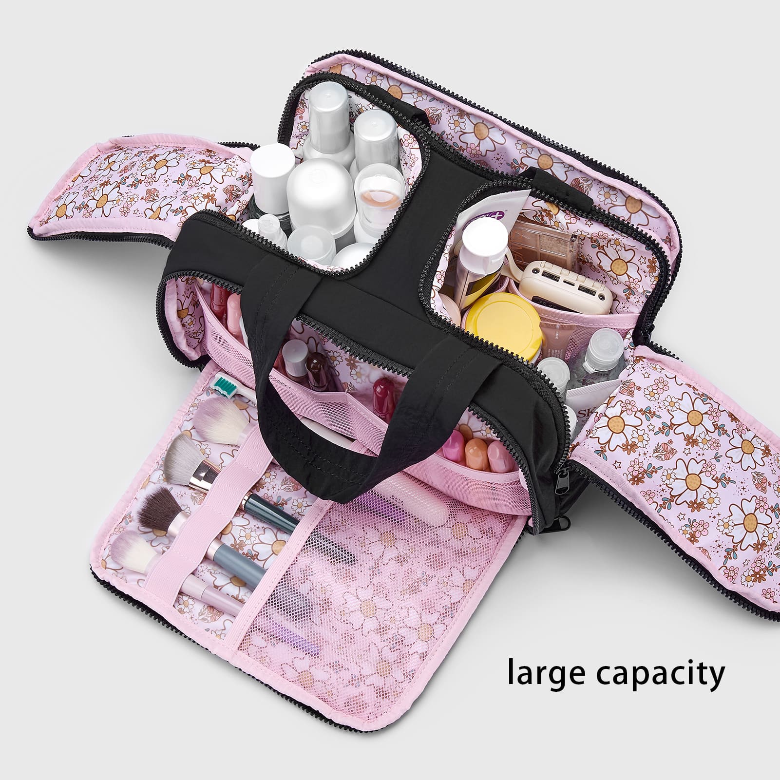 Beauty Makeup School - 大容量トラベルメイクアップバッグ（女性用）、広口コスメティックオーガナイザー、ハンドル付きポータブルトイレタリーオーガナイザー、携帯用ウォッシュバッグ、ビューティーケース、メイクアップアクセサリー、学生の新学期用
