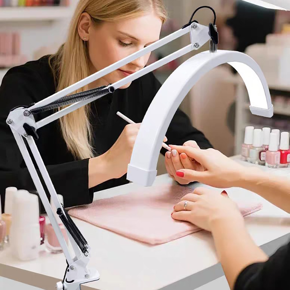 Beauty Makeup Light - 16インチのデスクトップ用クリップオンフィルライト、美容院、眉毛タトゥー、メイクアップ、ネイルサロンでの使用に最適—業務用半月型照明