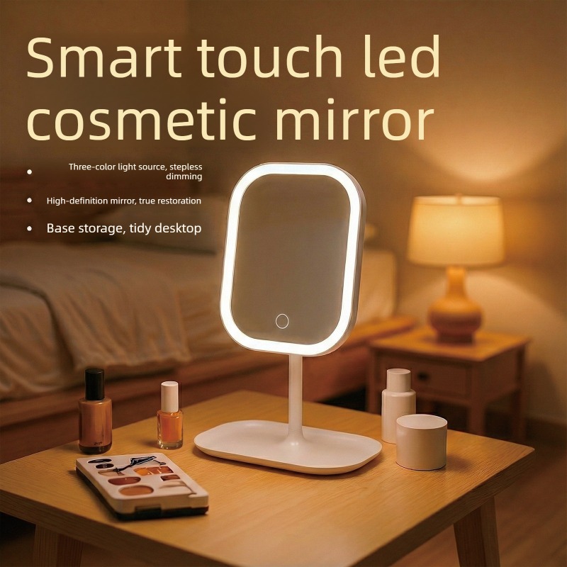 Beauty Makeup Light - 新しいLEDモダンデスクトップバニティミラー、ポータブル3色ライトLEDメイクアップタッチミラー、女性用寝室ドレッシング用